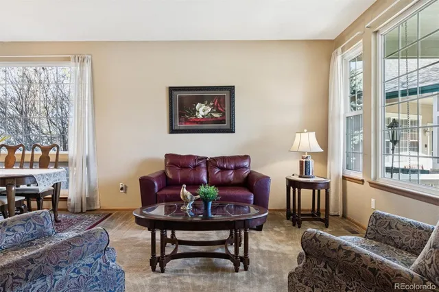 a living room with furniture a rug and a window
