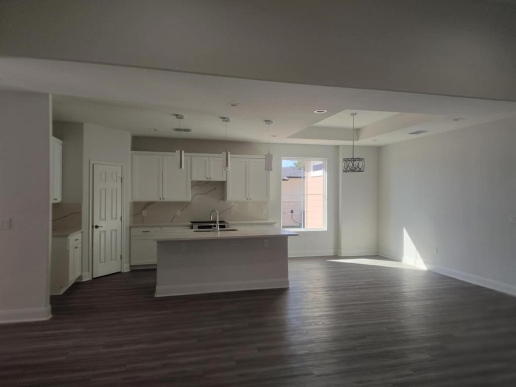 20008 Boggy Ford Road Lago Vista, TX 78645 - Photo 15 of 17 Kitchen featuring white cabinets, decorative light fixtures, a kitchen island with sink, dark wood-style floors, and recessed lighting, Dining Area