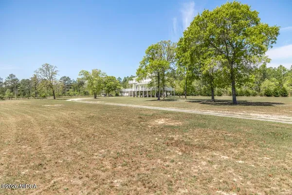 a view of a green field with trees in the background