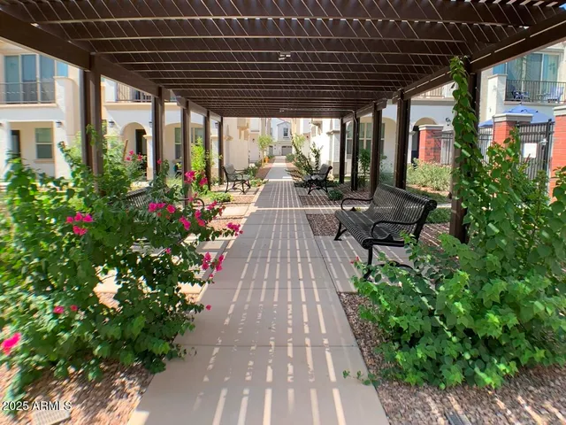 a view of a porch with furniture and plants