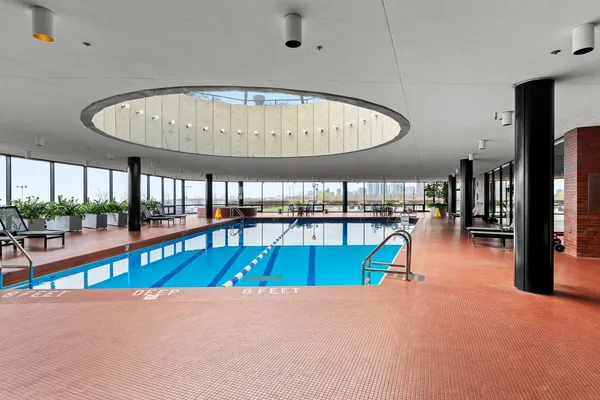 wooden floor with a swimming pool