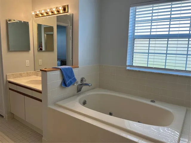 a bathroom with a tub sink and mirror