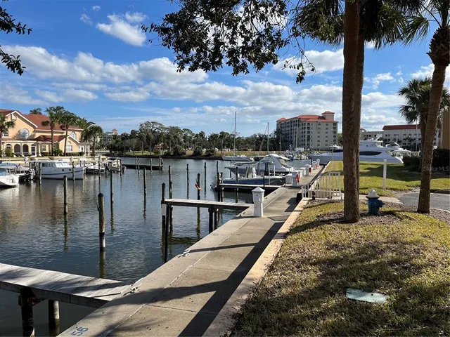 a view of a lake with a sitting area