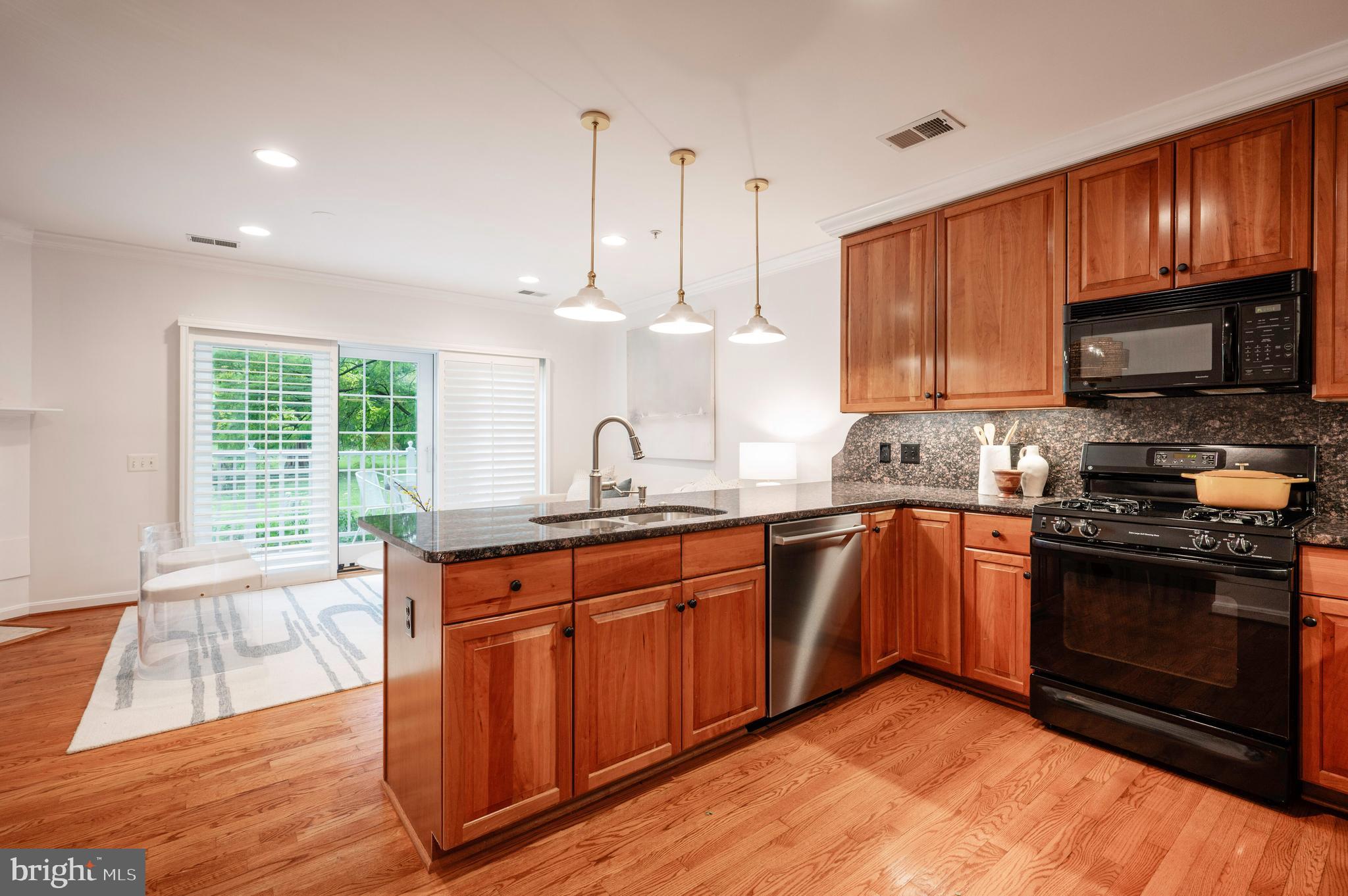 1422 Roundhouse Lane, Unit 1422 Alexandria, VA 22314 - Photo 16 of 73 a kitchen with stainless steel appliances granite countertop wooden cabinets a stove a sink and dishwasher with wooden floor