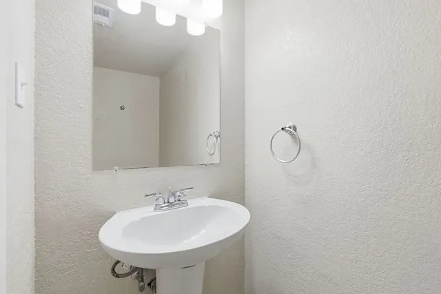 a bathroom with a sink a mirror and a shower
