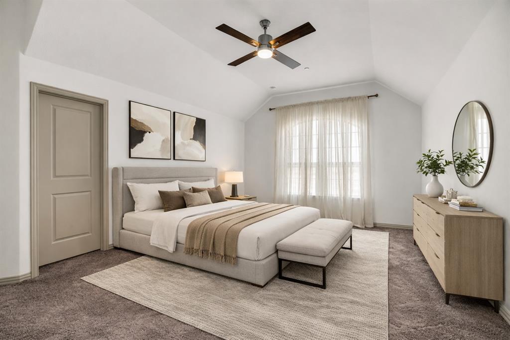 999 Emil Place Allen, TX 75013 - Photo 9 of 29 a bedroom with a large bed and a chandelier