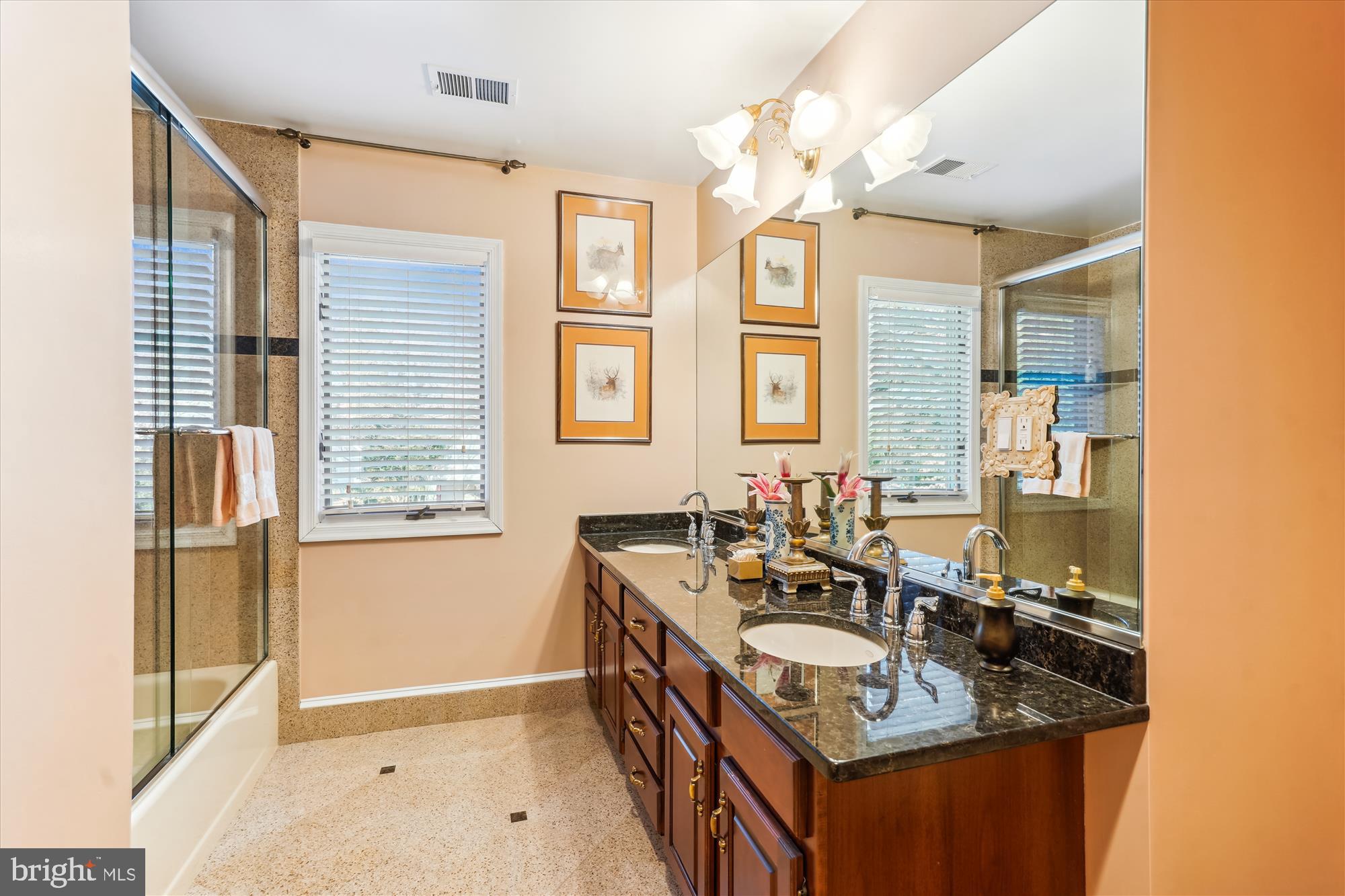 1071 Spring Hill Road McLean, VA 22102 - Photo 29 of 65 a bathroom with a granite countertop sink a mirror and a shower