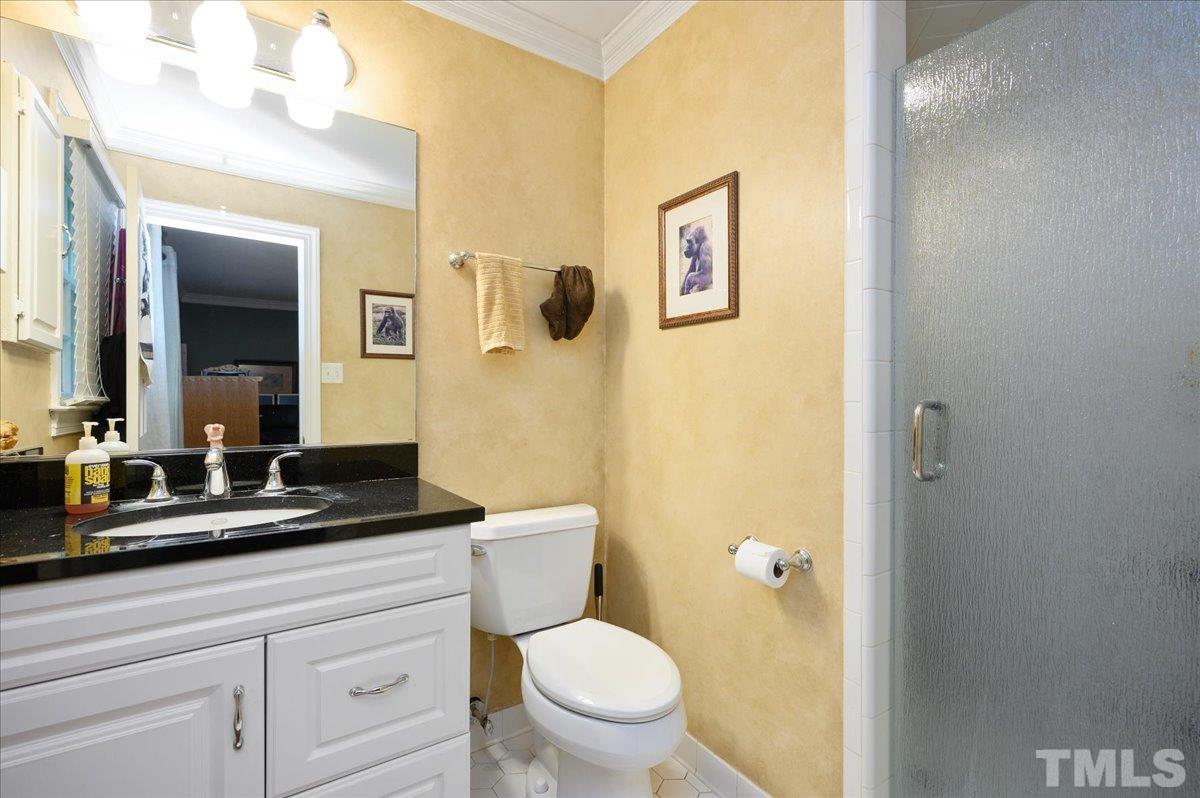 313 Baytree Lane Raleigh, NC 27615 - Photo 8 of 39 a bathroom with a granite countertop toilet sink and mirror