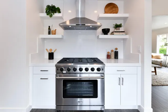 a stove top oven sitting inside of a kitchen and stove