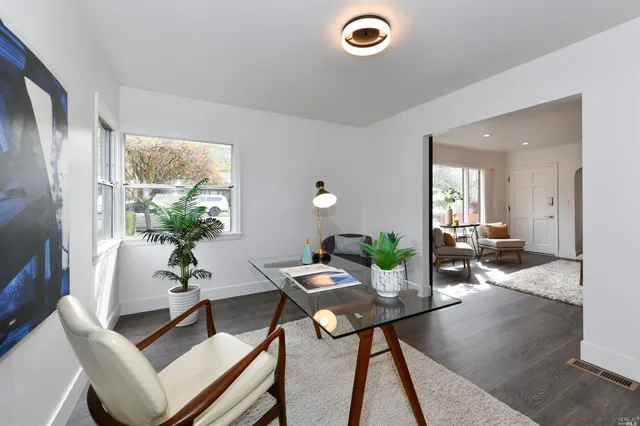 a living room with furniture and a potted plant