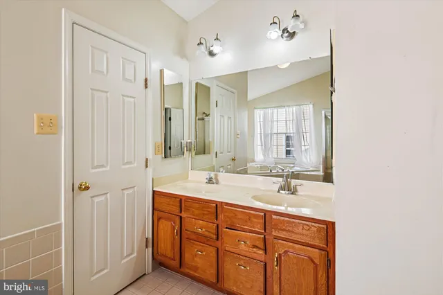 a bathroom with a double vanity sink and mirror