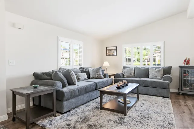 a living room with furniture a rug and a window