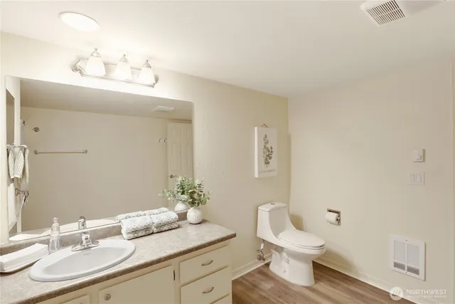 a bathroom with a sink a toilet and shower curtain