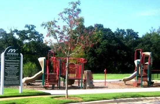 a view of a park with couches and wooden fence