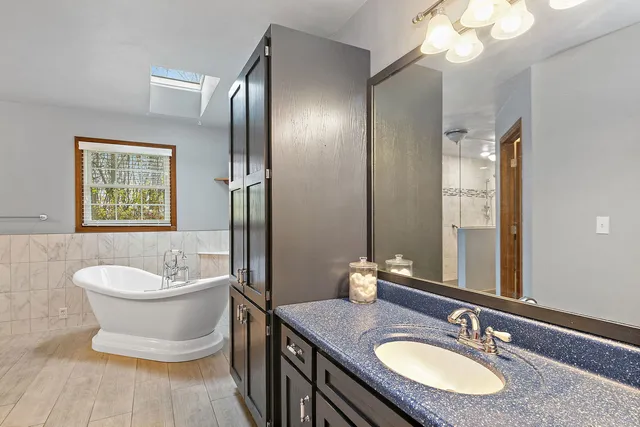 a bathroom with a sink toilet a mirror and vanity