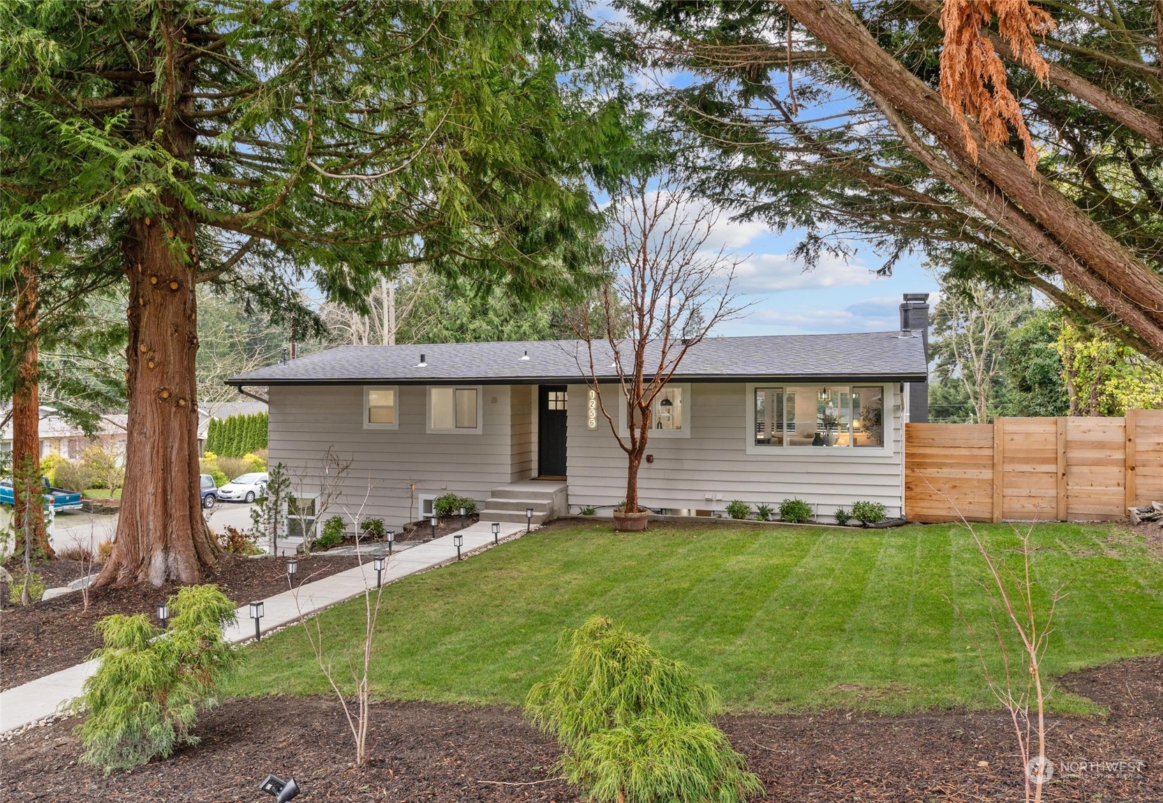 a front view of a house with a yard and a large tree