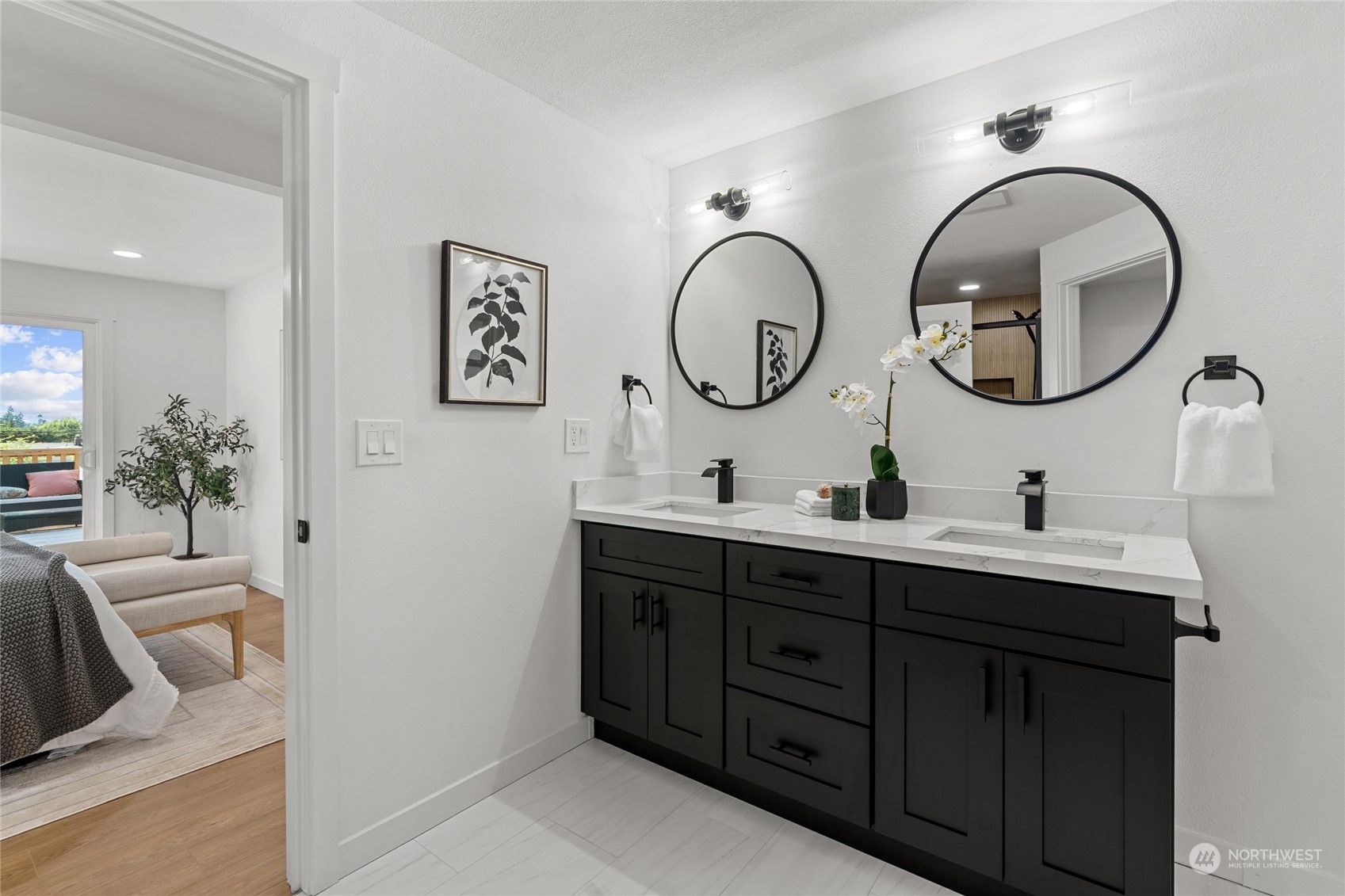 1256 Birch Street Edmonds, WA 98020 - Photo 18 of 37 a bathroom with a granite countertop double vanity sink and a mirror