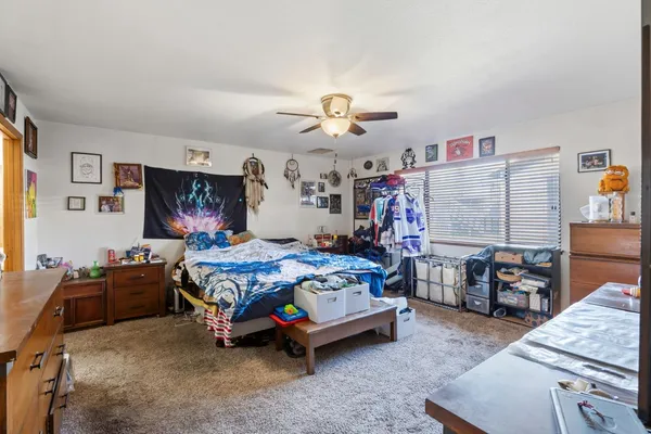 a bedroom with bed and window