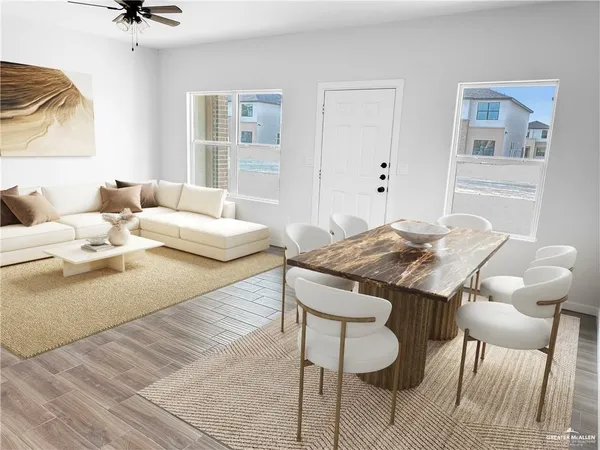 a view of a dining room with furniture
