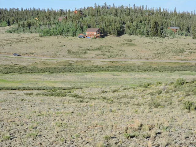 a view of a dirt field with trees