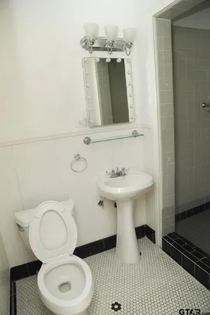 a bathroom with a sink toilet and mirror