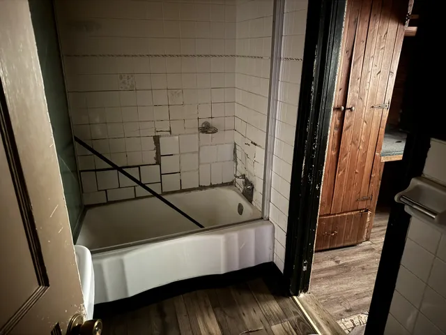 a bathroom with a bathtub