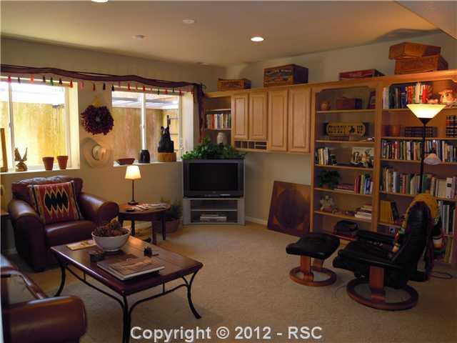 1075 Bowstring Road Monument, CO 80132 - Photo 13 of 16 Family room on basement level is large with built in bookcases.