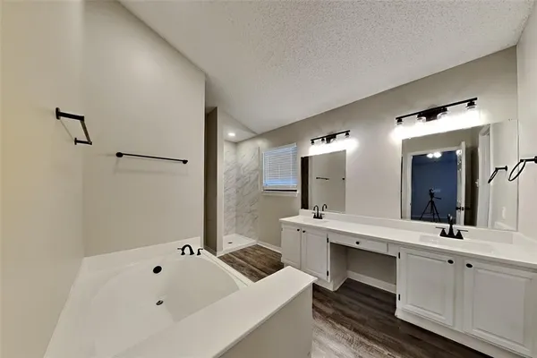 a bathroom with a tub sink and mirror