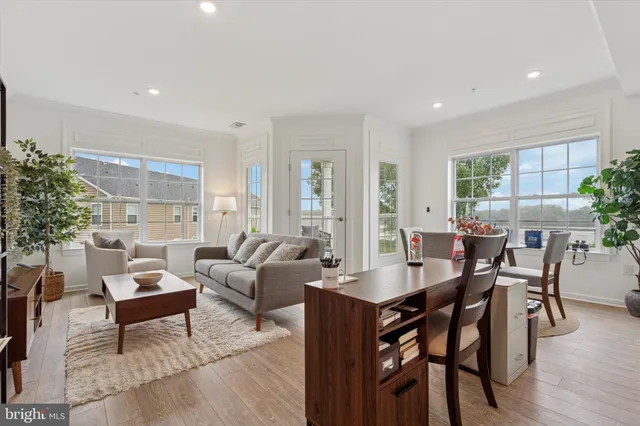 a living room with furniture a potted plant and open kitchen view
