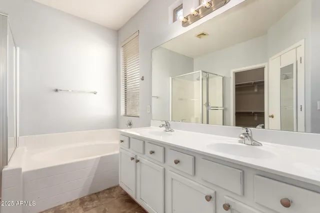 a bathroom with a tub a sink double vanity and a mirror