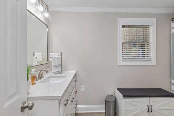 a bathroom with a sink vanity and a mirror