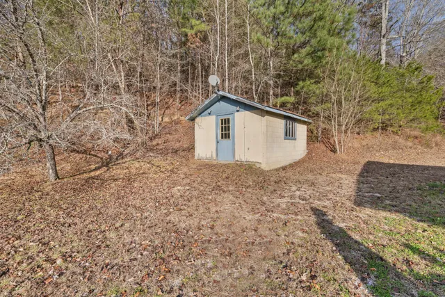 a view of a yard with large trees