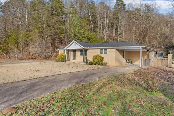 a front view of a house with a yard and trees