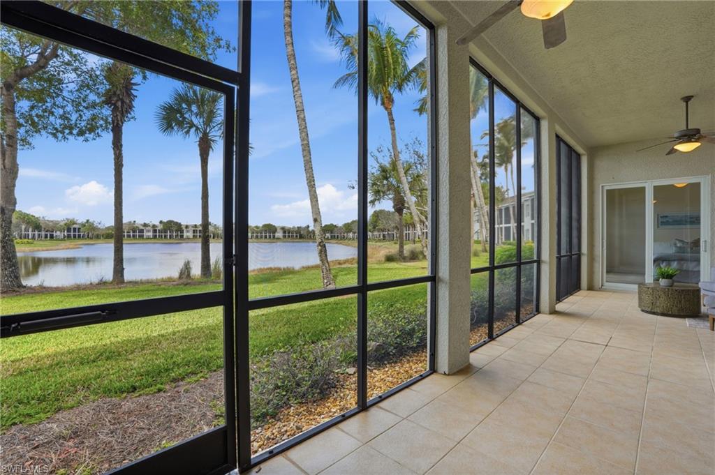 9263 Museo Circle, Unit 103 Naples, FL 34114 - Photo 35 of 49 Unfurnished sunroom featuring a ceiling fan and a water view
