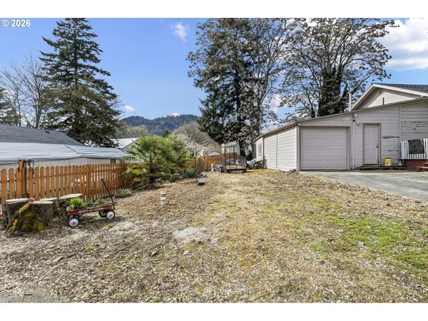a backyard of a house with table and chairs
