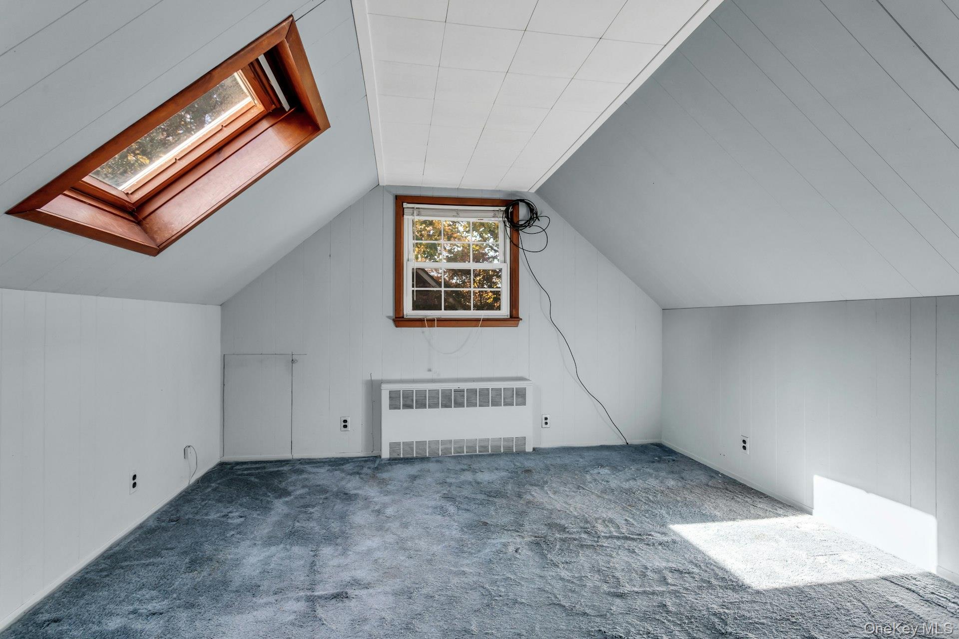 12 Violet Road Bayville, NY 11709 - Photo 32 of 42 Additional bedroom with carpet floors, radiator, vaulted ceiling, wooden walls, and a skylight