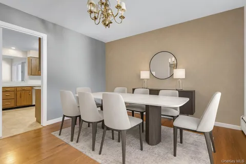 a view of a dining room with furniture
