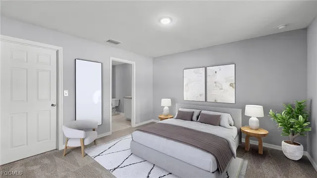 a bedroom with a bed and a potted plant