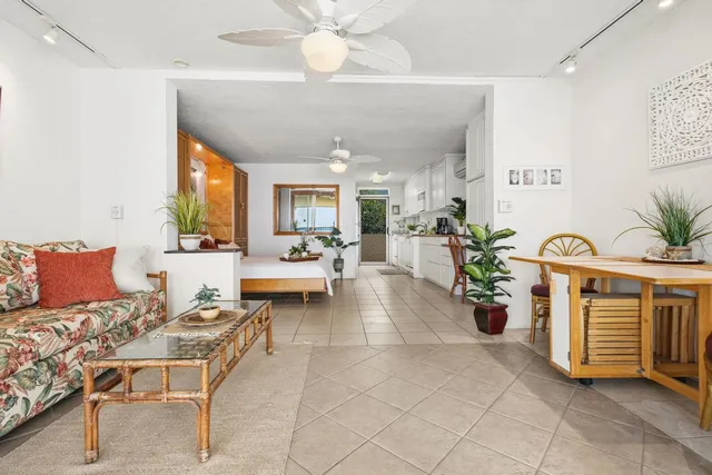 a living room with furniture potted plant and a window