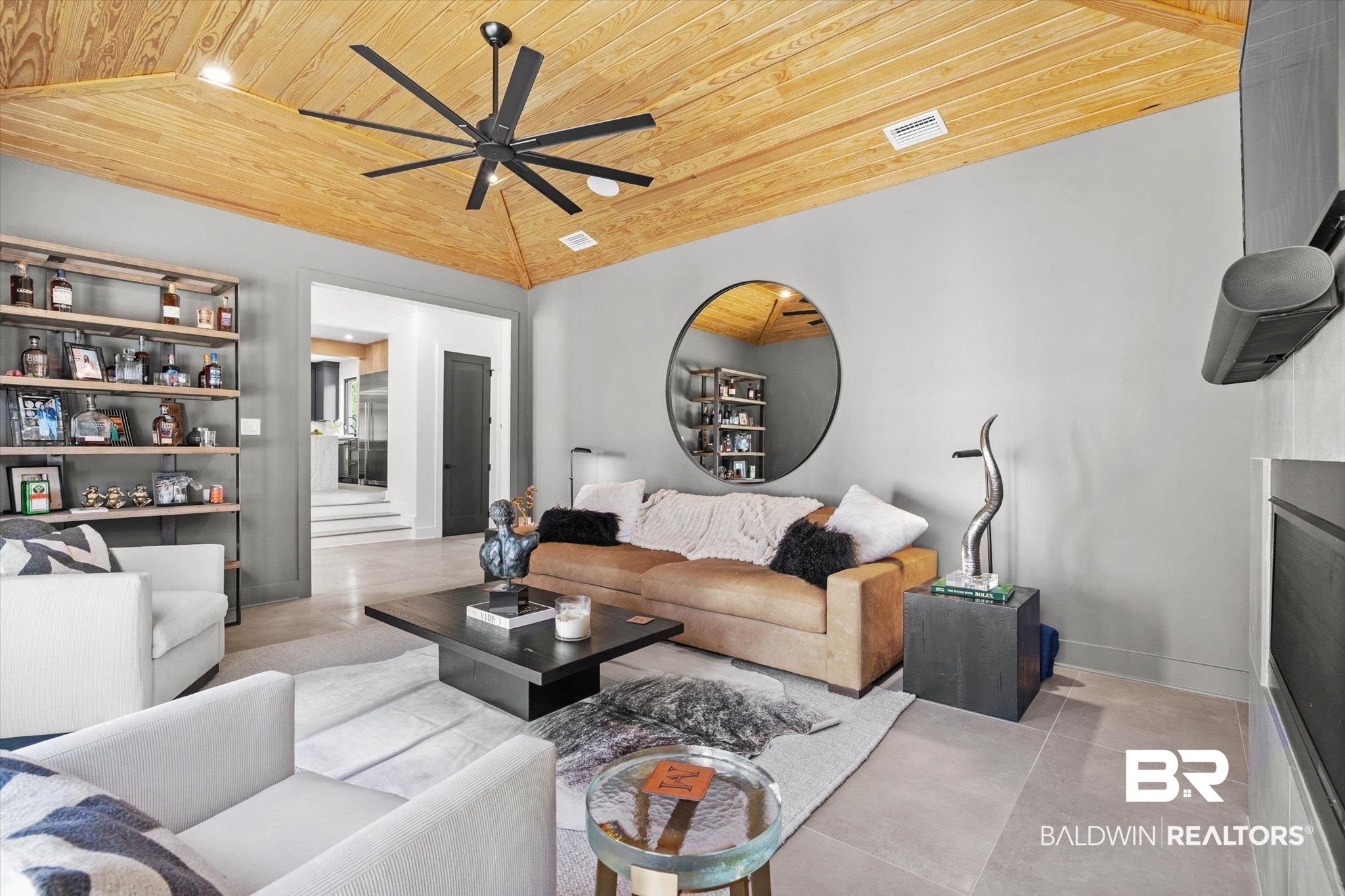 69 Jordan Lane Mobile, AL 36608 - Photo 14 of 57 Living area with wooden ceiling, ceiling fan, and a fireplace