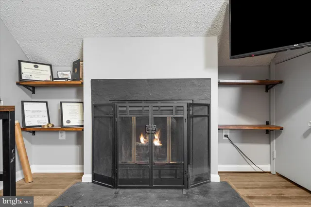 an entryway with fireplace