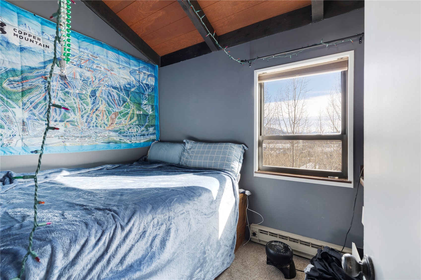 809 Ryan Gulch Road, Unit 809 Silverthorne, CO 80498 - Photo 17 of 17 Bedroom featuring a baseboard radiator, carpet, and a vaulted wooden ceiling