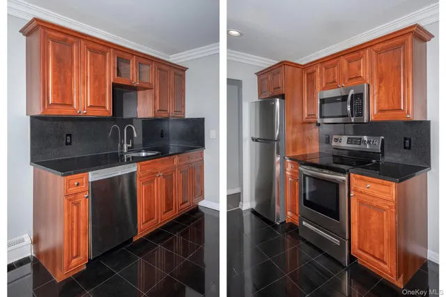 a kitchen with stainless steel appliances a refrigerator and a stove top oven