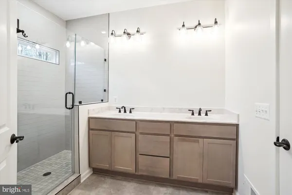 a bathroom with a double vanity sink mirror and shower