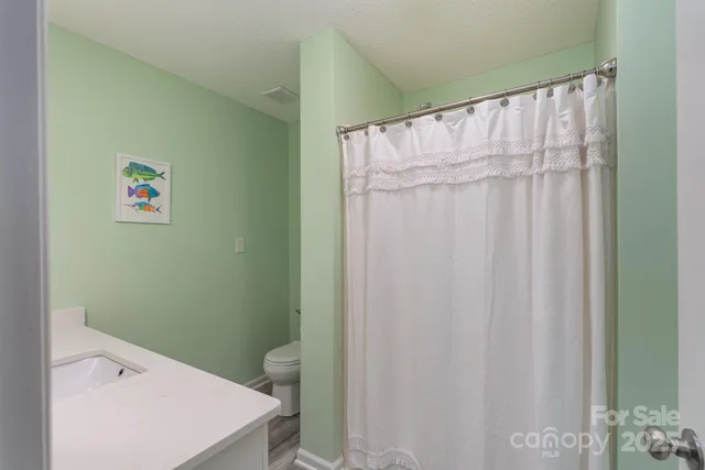 a bathroom with a shower curtain and a toilet