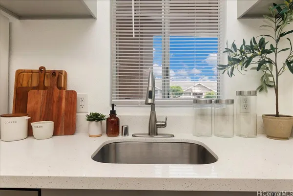 a kitchen with a sink and a potted plant