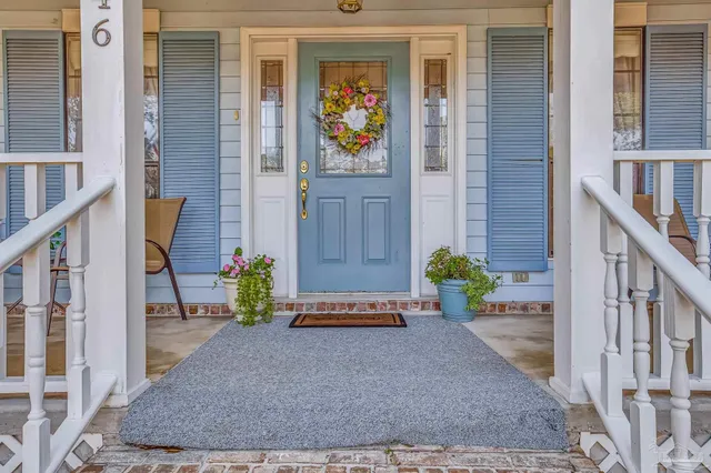 a view of a yard with plants and trees