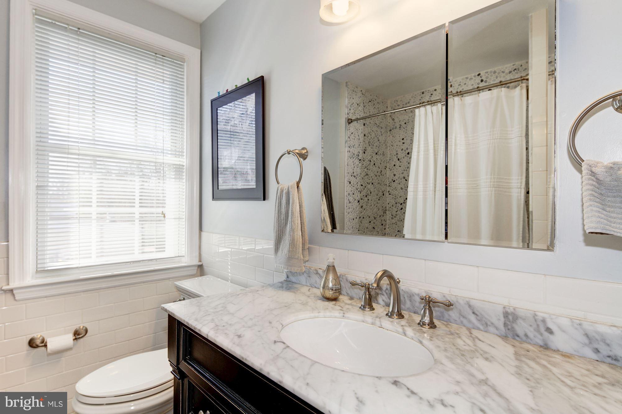 6722 Sherwood Road Baltimore, MD 21239 - Photo 16 of 30 a bathroom with a granite countertop sink toilet a mirror and shower