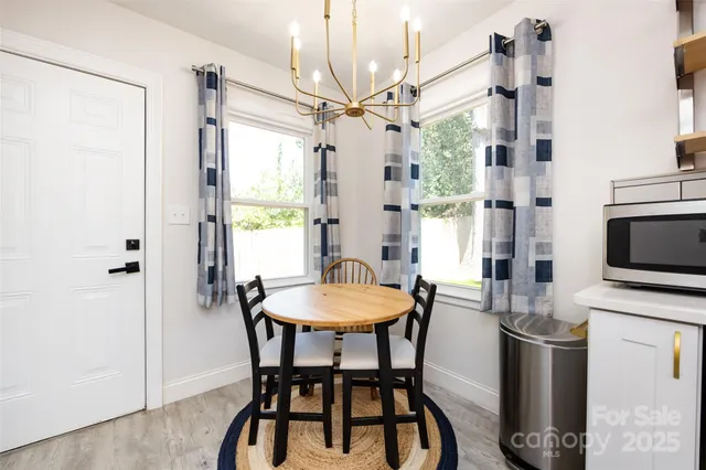 a view of a dining room with furniture window and wooden floor