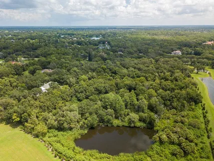 an aerial view of residential houses with outdoor space and trees around